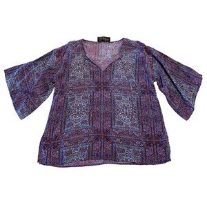 Rory Beca Purple Paisley Print Bell Sleeve Tie Neck Blouse Women's Size Small S